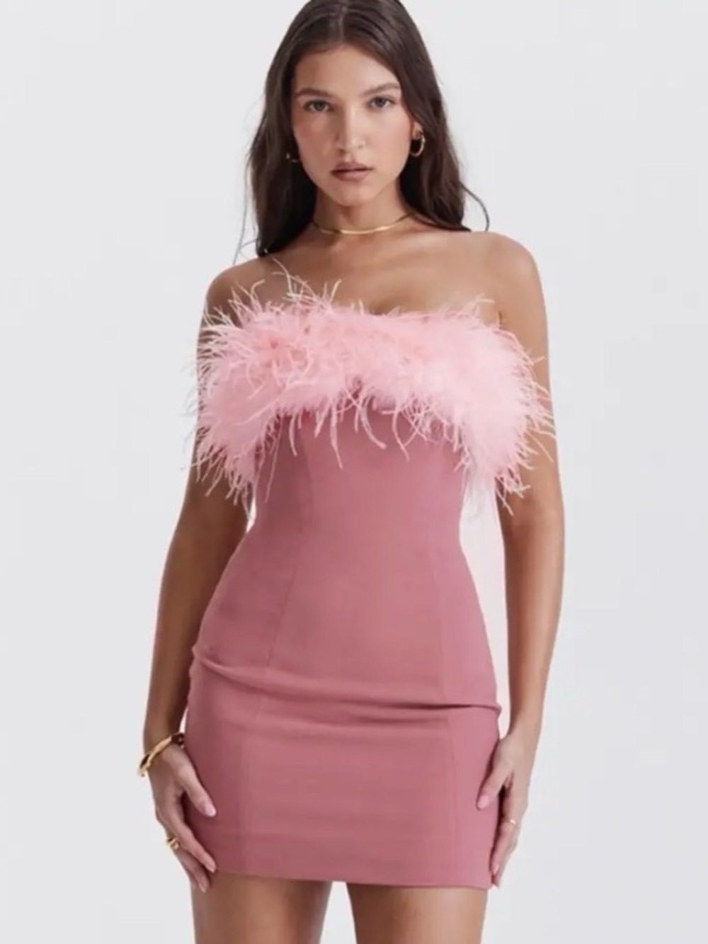 House of CB Strapless Feather-Trim Rose Pink Mini Dress
